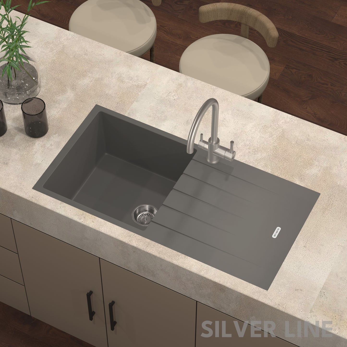 German Quartz Single Bowl Kitchen Sink with Drain Board - Slate (40" x 20" x 9")
