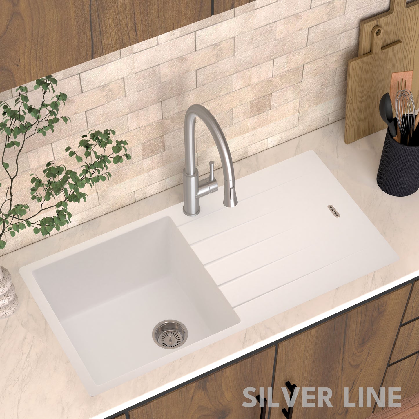 German Quartz Single Bowl Kitchen Sink with Drain Board - Snow White (40" x 20" x 9")