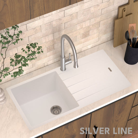 German Quartz Single Bowl Kitchen Sink with Drain Board - Snow White (40" x 20" x 9")