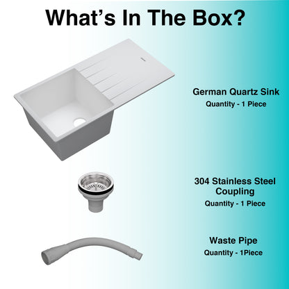 German Quartz Single Bowl Kitchen Sink with Drain Board - Snow White (40" x 20" x 9")