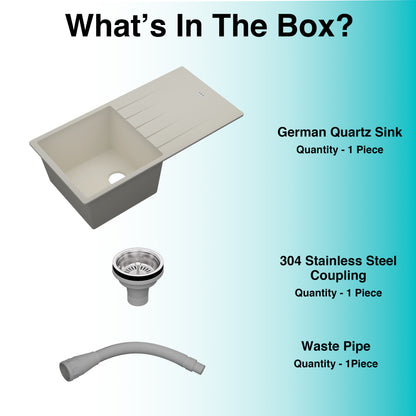 German Quartz Single Bowl Kitchen Sink with Drain Board - Ivory (40" x 20" x 9")