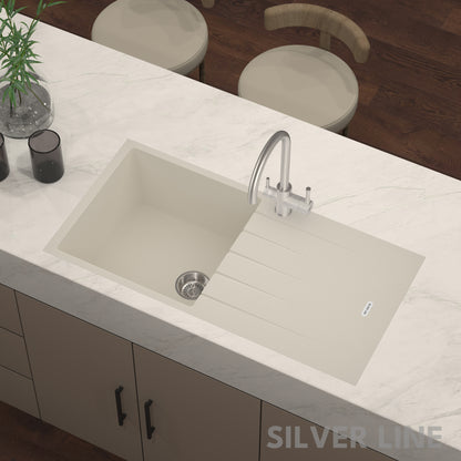 German Quartz Single Bowl Kitchen Sink with Drain Board - Ivory (40" x 20" x 9")