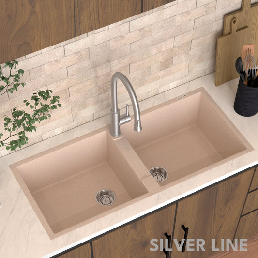 German Quartz Double Bowl Kitchen Sink with Faucet Hole - Cornflakes (45" x 20" x 9")