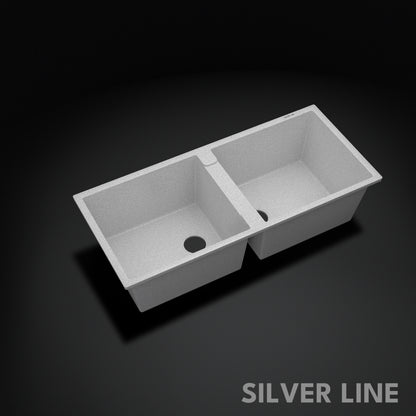 German Quartz Double Bowl Kitchen Sink with Faucet Hole - Coffee (45" x 20" x 9")