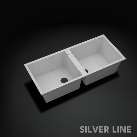 German Quartz Double Bowl Kitchen Sink with Faucet Hole - Crater (45" x 20" x 9")