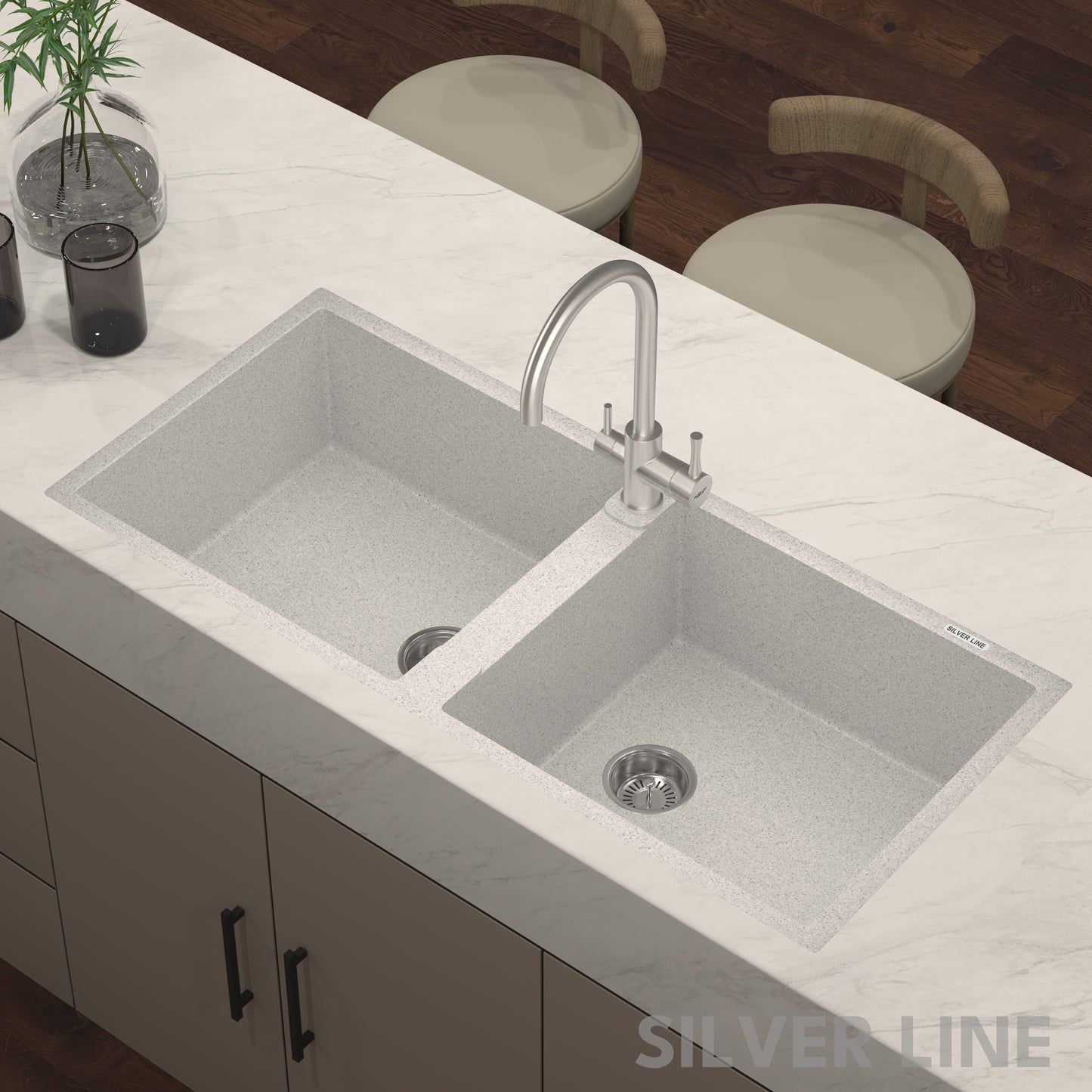 German Quartz Double Bowl Kitchen Sink with Faucet Hole - Coffee (45" x 20" x 9")