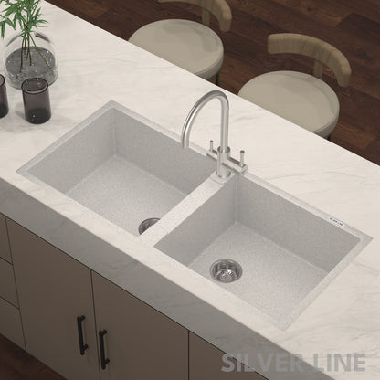 German Quartz Double Bowl Kitchen Sink with Faucet Hole - Coffee (45" x 20" x 9")