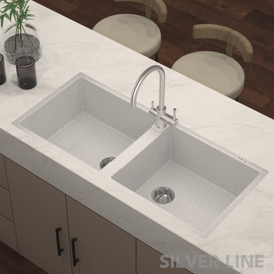 German Quartz Double Bowl Kitchen Sink with Faucet Hole - Coffee (45" x 20" x 9")