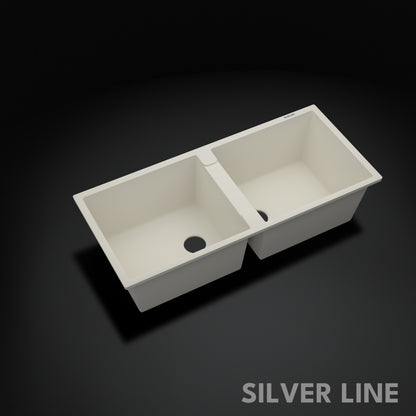 German Quartz Double Bowl Kitchen Sink with Faucet Hole - Ivory (45" x 20" x 9")