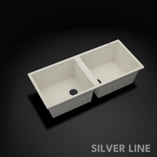 German Quartz Double Bowl Kitchen Sink with Faucet Hole - Ivory (45" x 20" x 9")