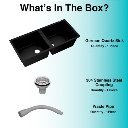German Quartz Double Bowl Kitchen Sink with Faucet Hole - Midnight Black (45" x 20" x 9")