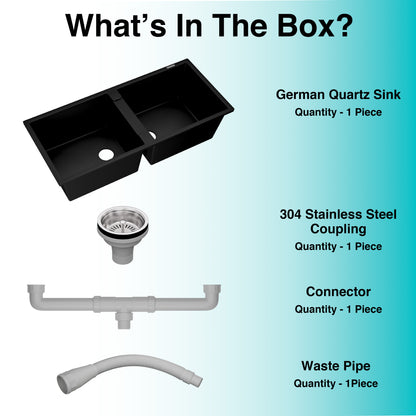 German Quartz Double Bowl Kitchen Sink with Faucet Hole - Midnight Black (45" x 20" x 9")