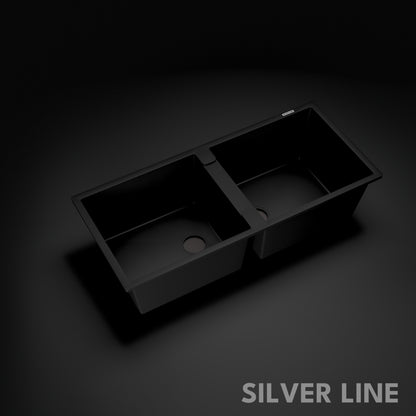 German Quartz Double Bowl Kitchen Sink with Faucet Hole - Midnight Black (45" x 20" x 9")