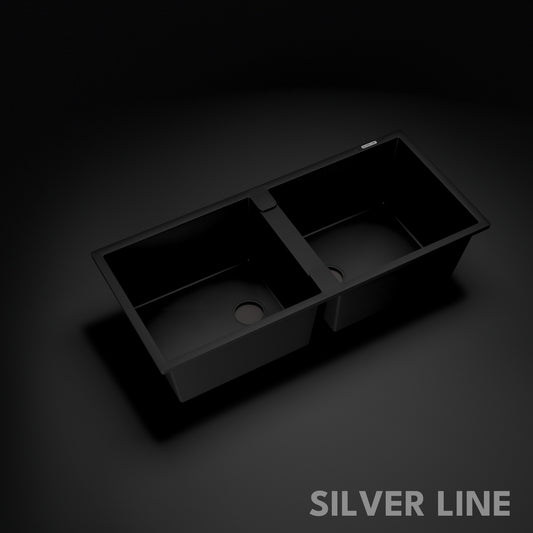 German Quartz Double Bowl Kitchen Sink with Faucet Hole - Midnight Black (45" x 20" x 9")