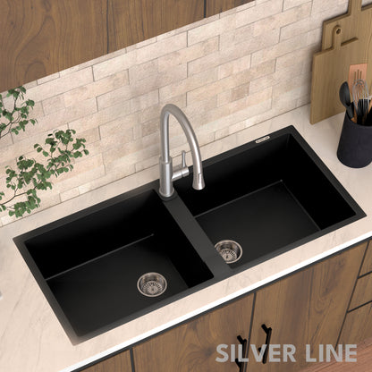 German Quartz Double Bowl Kitchen Sink with Faucet Hole - Midnight Black (45" x 20" x 9")