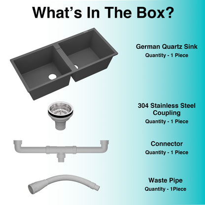 German Quartz Double Bowl Kitchen Sink with Faucet Hole - Slate (45" x 20" x 9")