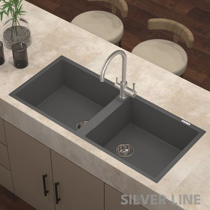 German Quartz Double Bowl Kitchen Sink with Faucet Hole - Slate (45" x 20" x 9")