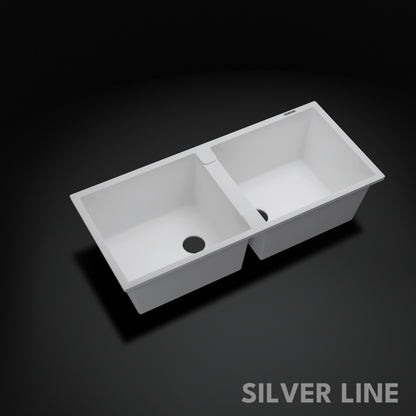 German Quartz Double Bowl Kitchen Sink with Faucet Hole - Snow White (45" x 20" x 9")