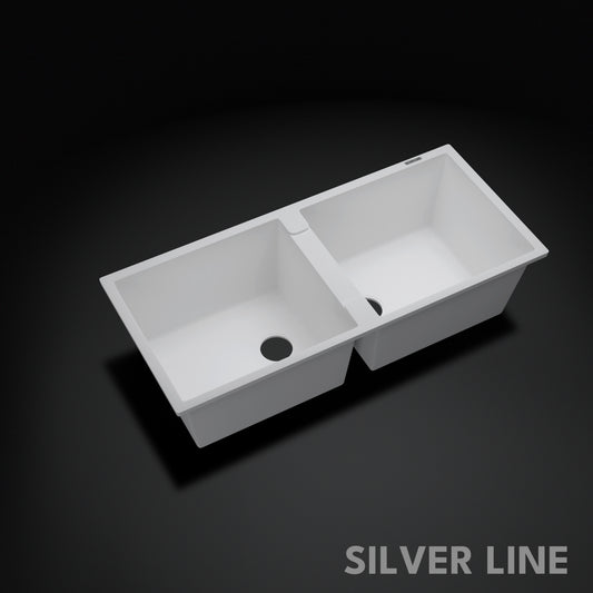 German Quartz Double Bowl Kitchen Sink with Faucet Hole - Snow White (45" x 20" x 9")