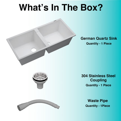 German Quartz Double Bowl Kitchen Sink with Faucet Hole - Snow White (45" x 20" x 9")