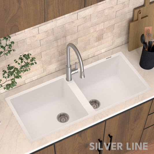 German Quartz Double Bowl Kitchen Sink with Faucet Hole - Snow White (45" x 20" x 9")