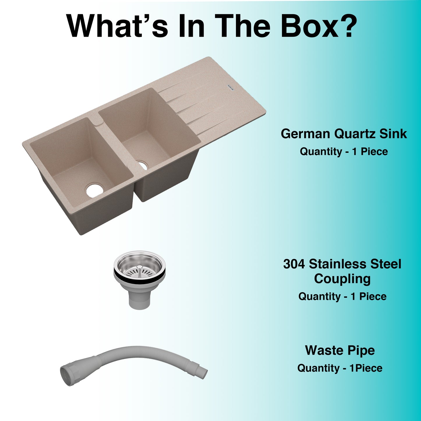 German Quartz Double Bowl Kitchen Sink with Faucet Hole & Drainboard - Cornflakes (46" x 20" x 9")