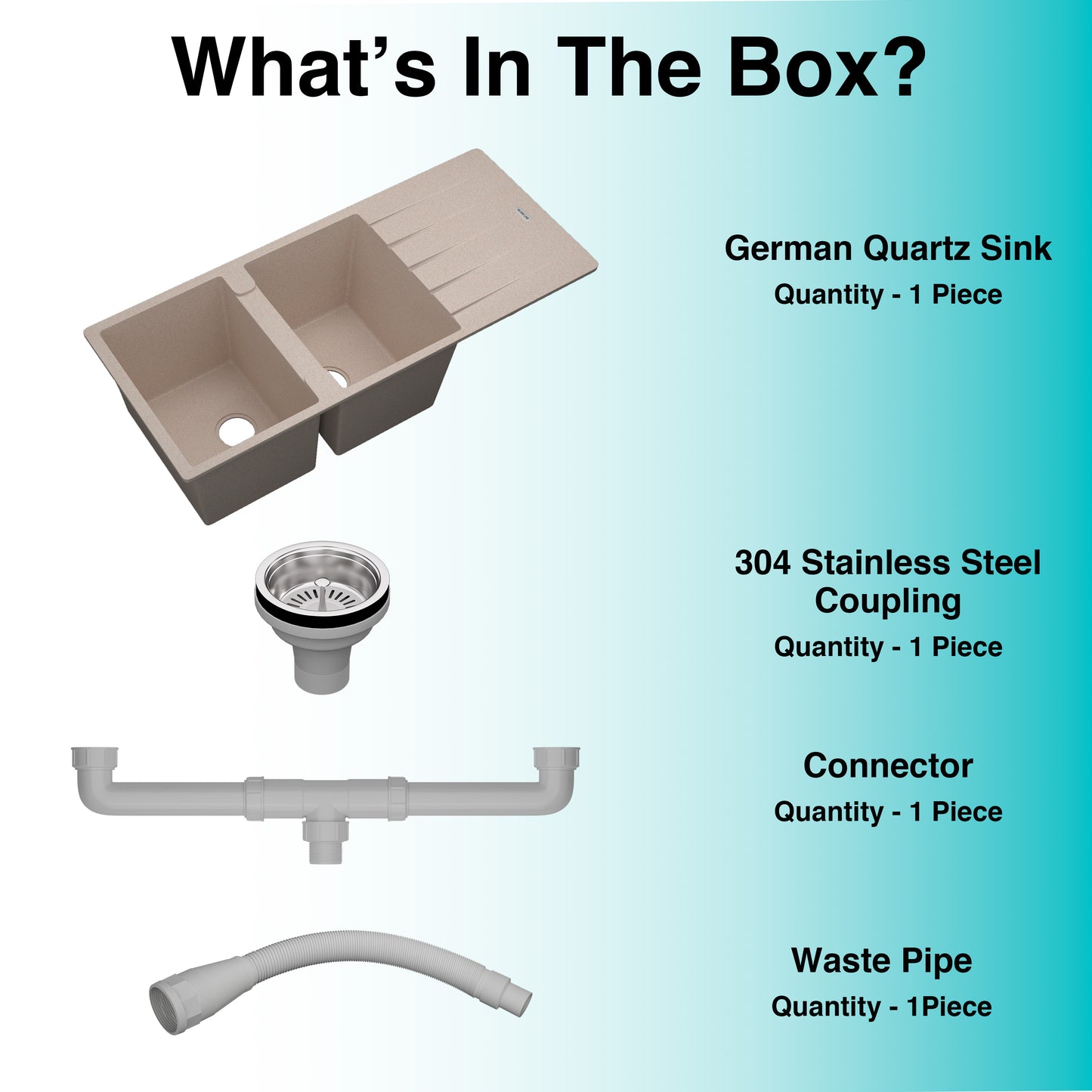 German Quartz Double Bowl Kitchen Sink with Faucet Hole & Drainboard - Cornflakes (46" x 20" x 9")