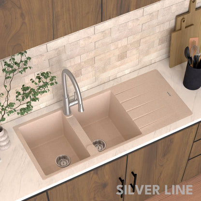 German Quartz Double Bowl Kitchen Sink with Faucet Hole & Drainboard - Cornflakes (46" x 20" x 9")