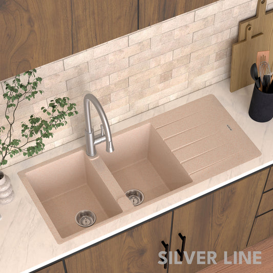 German Quartz Double Bowl Kitchen Sink with Faucet Hole & Drainboard - Cornflakes (46" x 20" x 9")