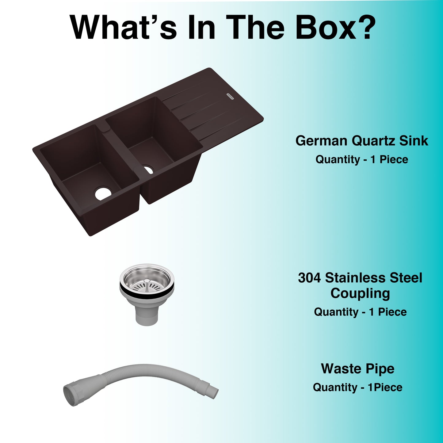 German Quartz Double Bowl Kitchen Sink with Faucet Hole & Drainboard - Coffee (46" x 20" x 9")