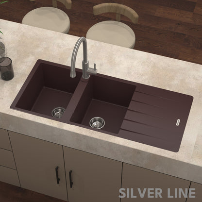 German Quartz Double Bowl Kitchen Sink with Faucet Hole & Drainboard - Coffee (46" x 20" x 9")