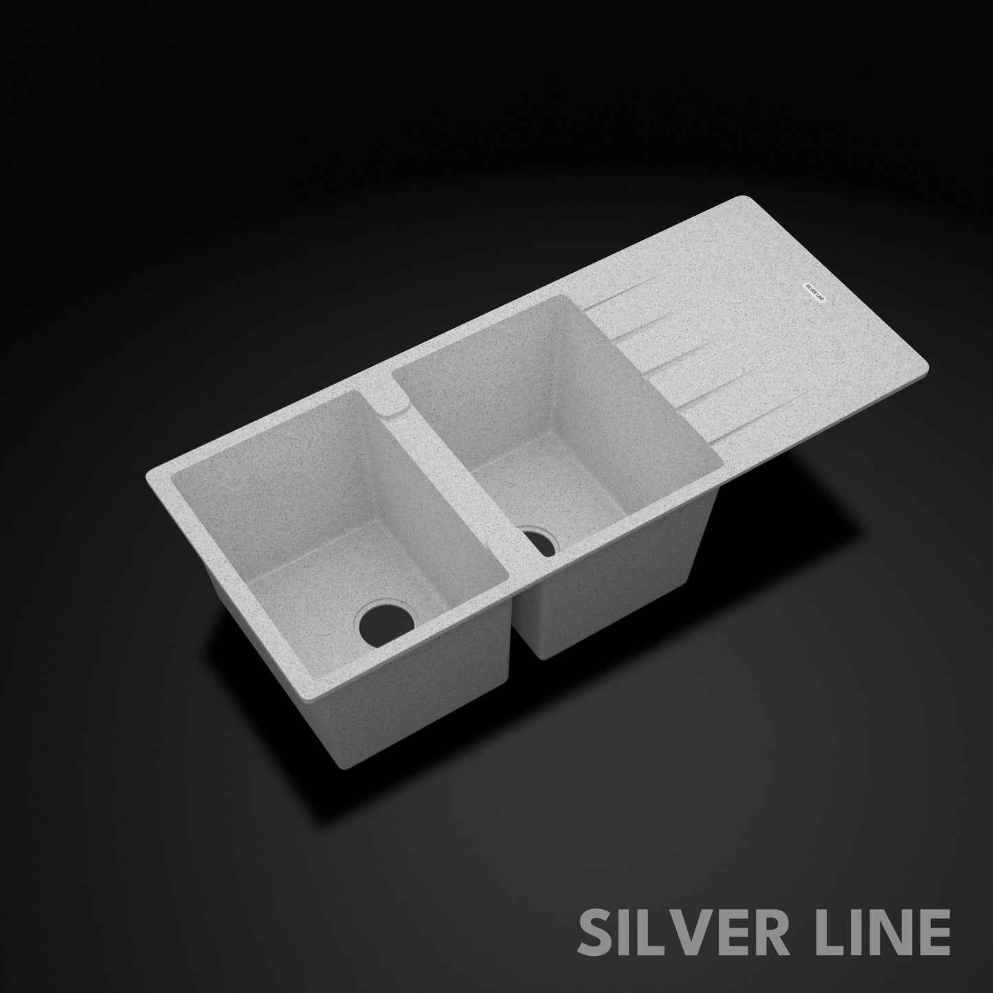 German Quartz Double Bowl Kitchen Sink with Faucet Hole & Drainboard - Crater (46" x 20" x 9")