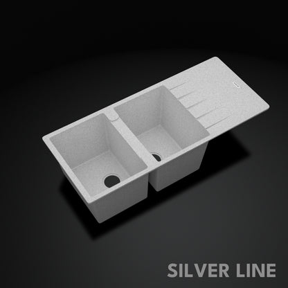 German Quartz Double Bowl Kitchen Sink with Faucet Hole & Drainboard - Crater (46" x 20" x 9")