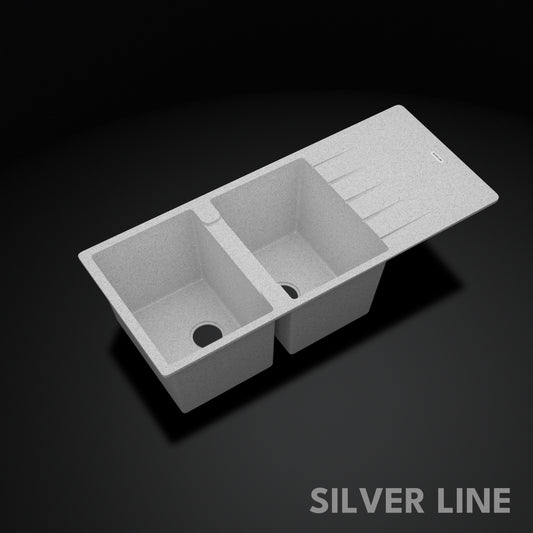 German Quartz Double Bowl Kitchen Sink with Faucet Hole & Drainboard - Crater (46" x 20" x 9")