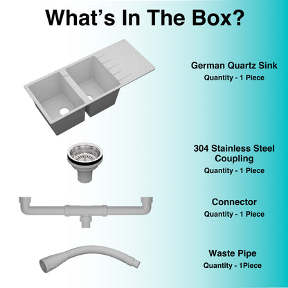 German Quartz Double Bowl Kitchen Sink with Faucet Hole & Drainboard - Crater (46" x 20" x 9")