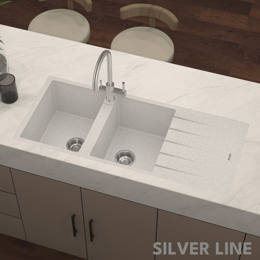 German Quartz Double Bowl Kitchen Sink with Faucet Hole & Drainboard - Crater (46" x 20" x 9")