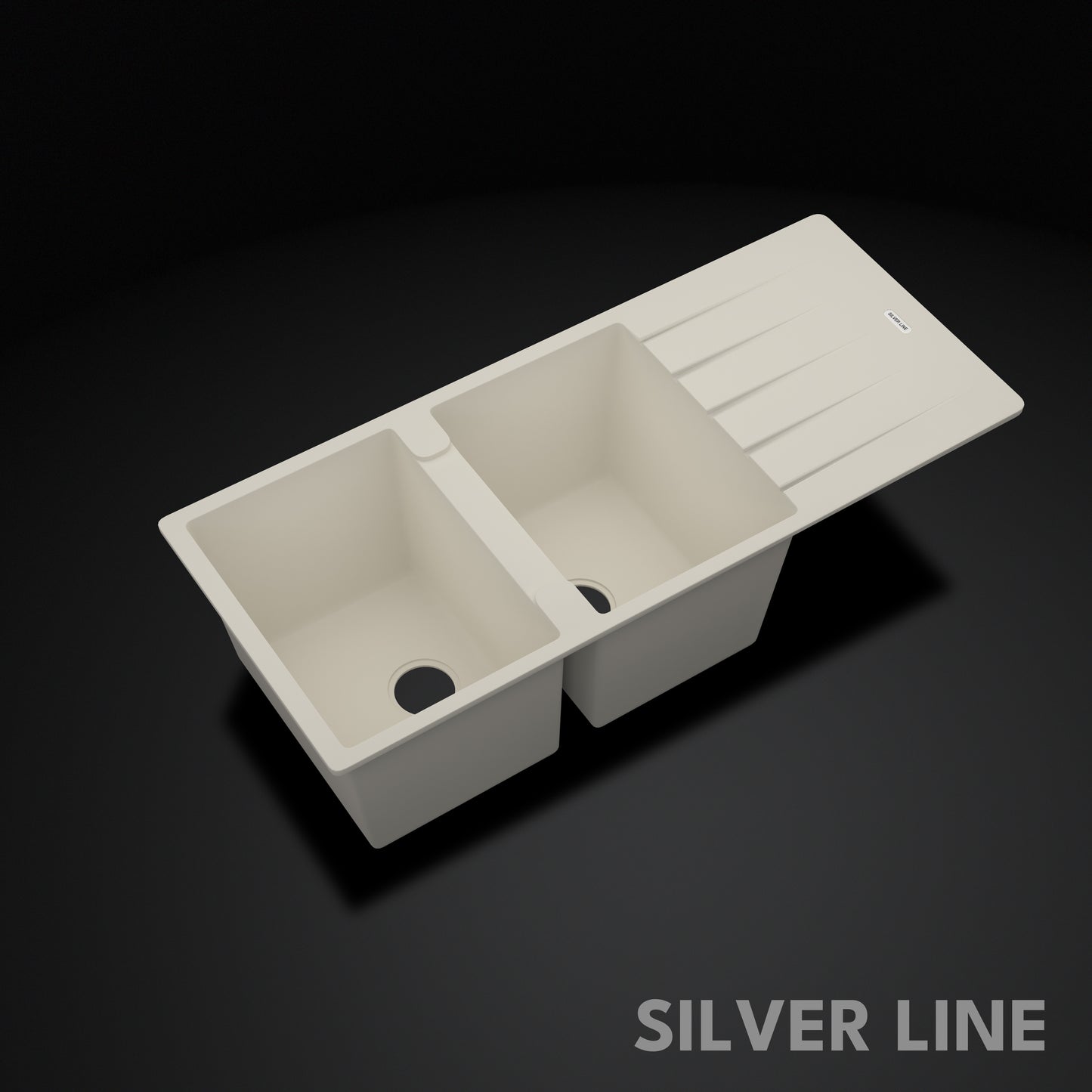 German Quartz Double Bowl Kitchen Sink with Faucet Hole & Drainboard - Ivory (46" x 20" x 9")