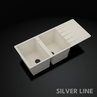German Quartz Double Bowl Kitchen Sink with Faucet Hole & Drainboard - Ivory (46" x 20" x 9")