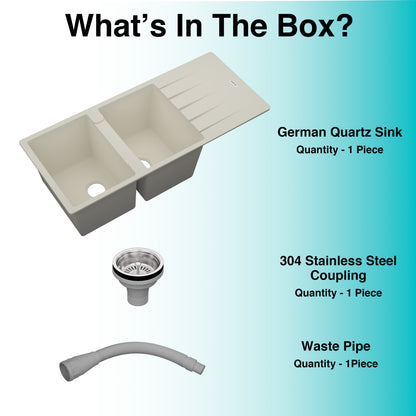 German Quartz Double Bowl Kitchen Sink with Faucet Hole & Drainboard - Ivory (46" x 20" x 9")