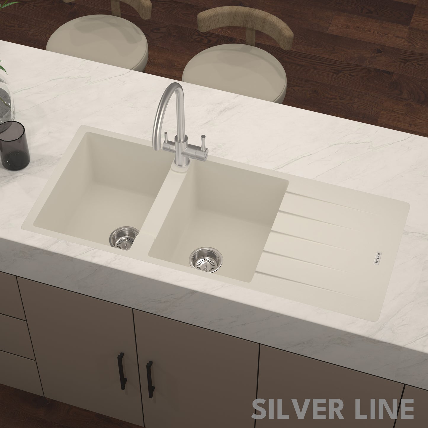 German Quartz Double Bowl Kitchen Sink with Faucet Hole & Drainboard - Ivory (46" x 20" x 9")