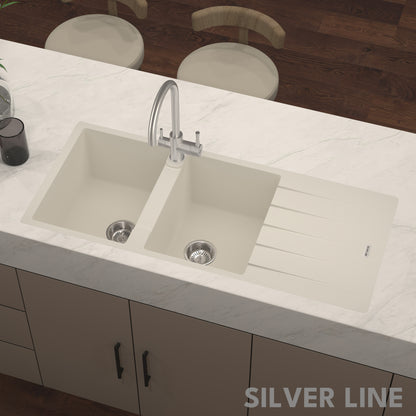 German Quartz Double Bowl Kitchen Sink with Faucet Hole & Drainboard - Ivory (46" x 20" x 9")