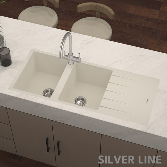 German Quartz Double Bowl Kitchen Sink with Faucet Hole & Drainboard - Ivory (46" x 20" x 9")