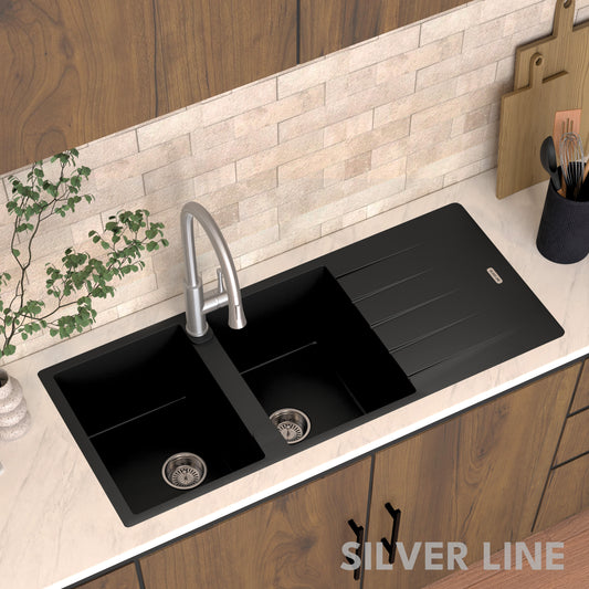 German Quartz Double Bowl Kitchen Sink with Faucet Hole & Drainboard - Midnight Black (46" x 20" x 9")