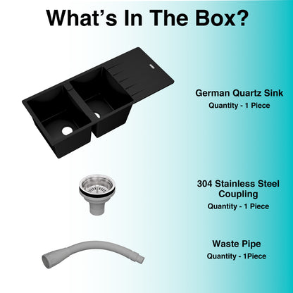 German Quartz Double Bowl Kitchen Sink with Faucet Hole & Drainboard - Midnight Black (46" x 20" x 9")