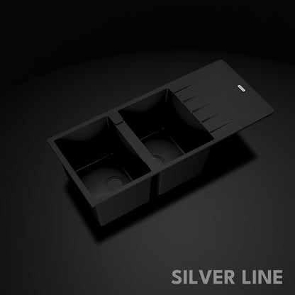 German Quartz Double Bowl Kitchen Sink with Faucet Hole & Drainboard - Midnight Black (46" x 20" x 9")