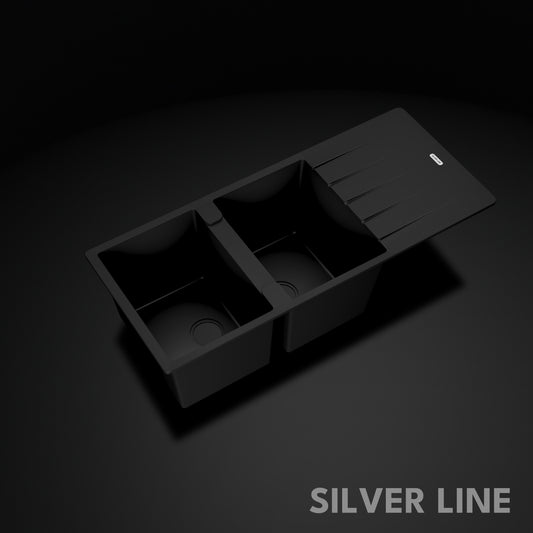 German Quartz Double Bowl Kitchen Sink with Faucet Hole & Drainboard - Midnight Black (46" x 20" x 9")