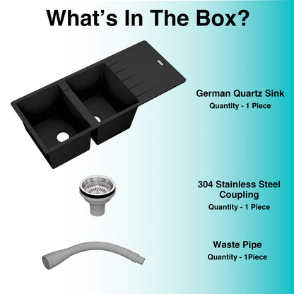 German Quartz Double Bowl Kitchen Sink with Faucet Hole & Drainboard - Starry Night (46" x 20" x 9")