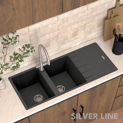 German Quartz Double Bowl Kitchen Sink with Faucet Hole & Drainboard - Starry Night (46" x 20" x 9")
