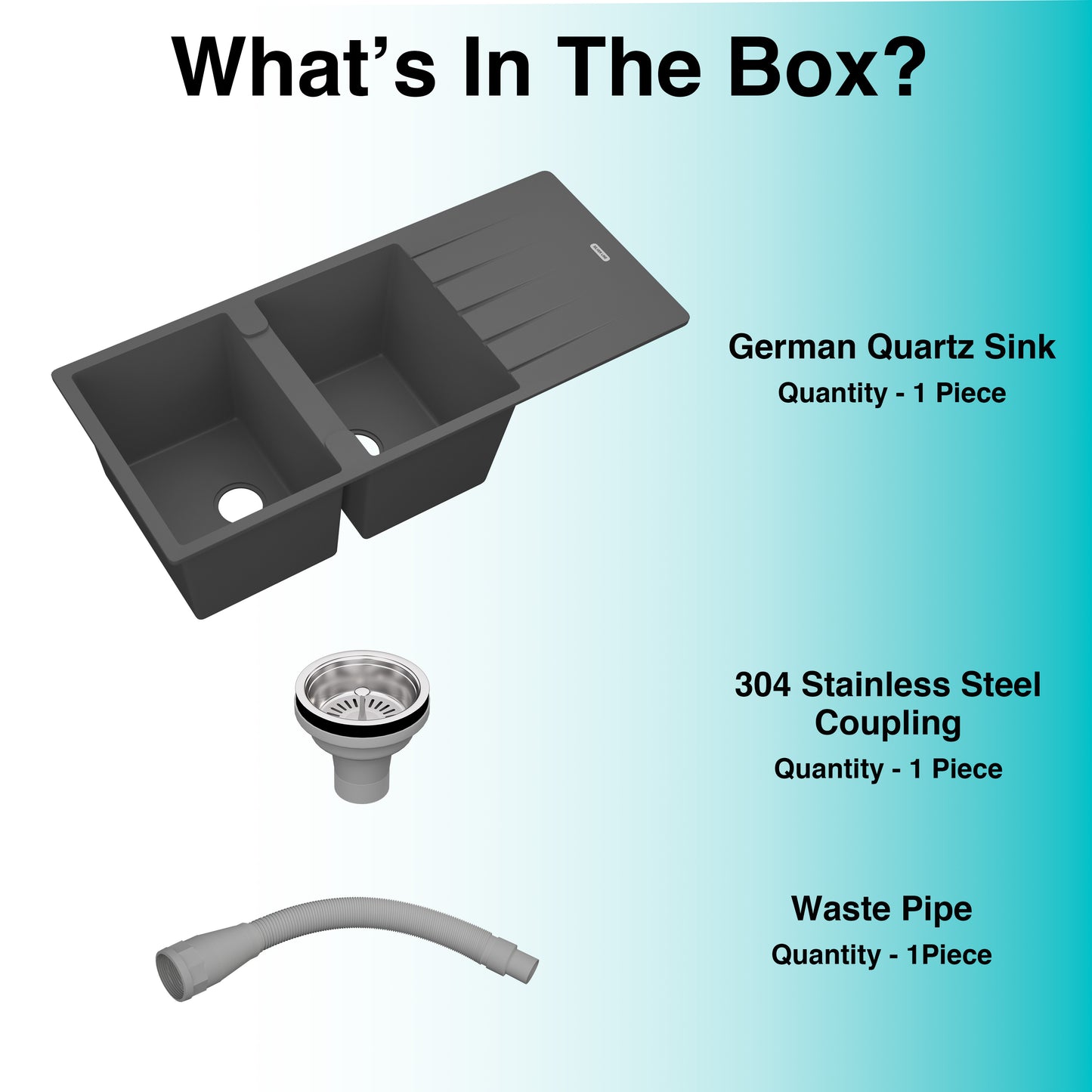 German Quartz Double Bowl Kitchen Sink with Faucet Hole & Drainboard - Slate (46" x 20" x 9")