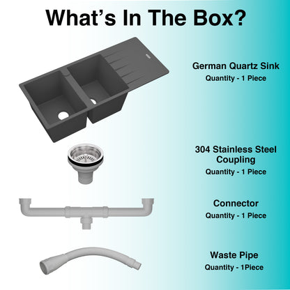 German Quartz Double Bowl Kitchen Sink with Faucet Hole & Drainboard - Slate (46" x 20" x 9")